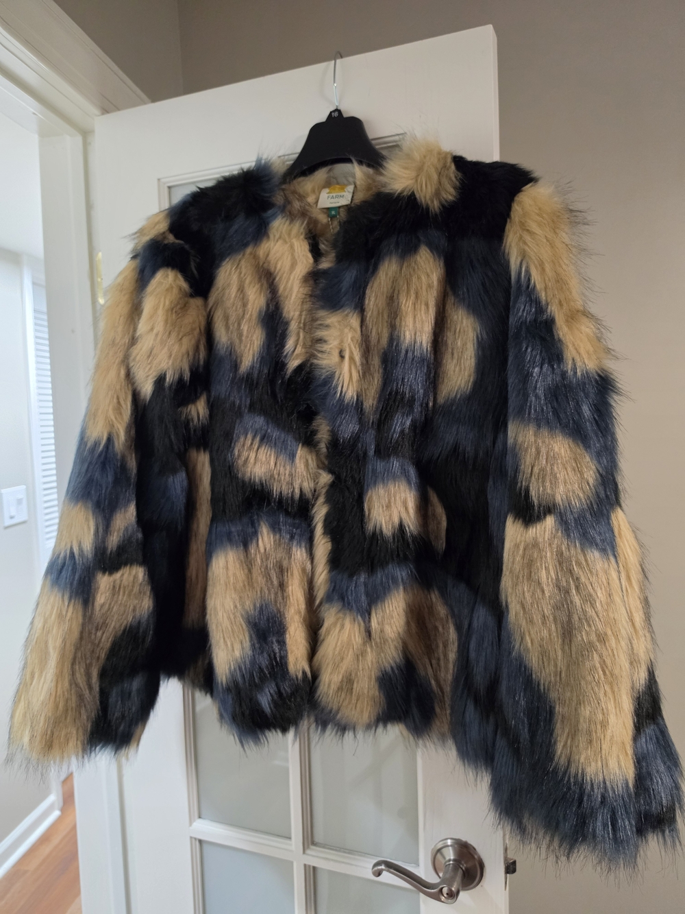FARM Black and Tan Patchwork Faux Fur Jacket